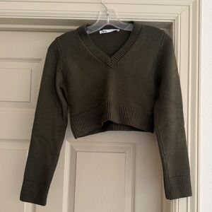 Zara V-Neck Cropped Sweater - Olive Green
